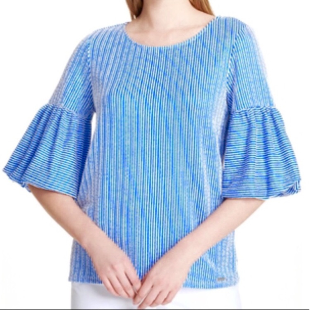 Calvin Klein Seersucker Puff Sleeve Blouse Sz M